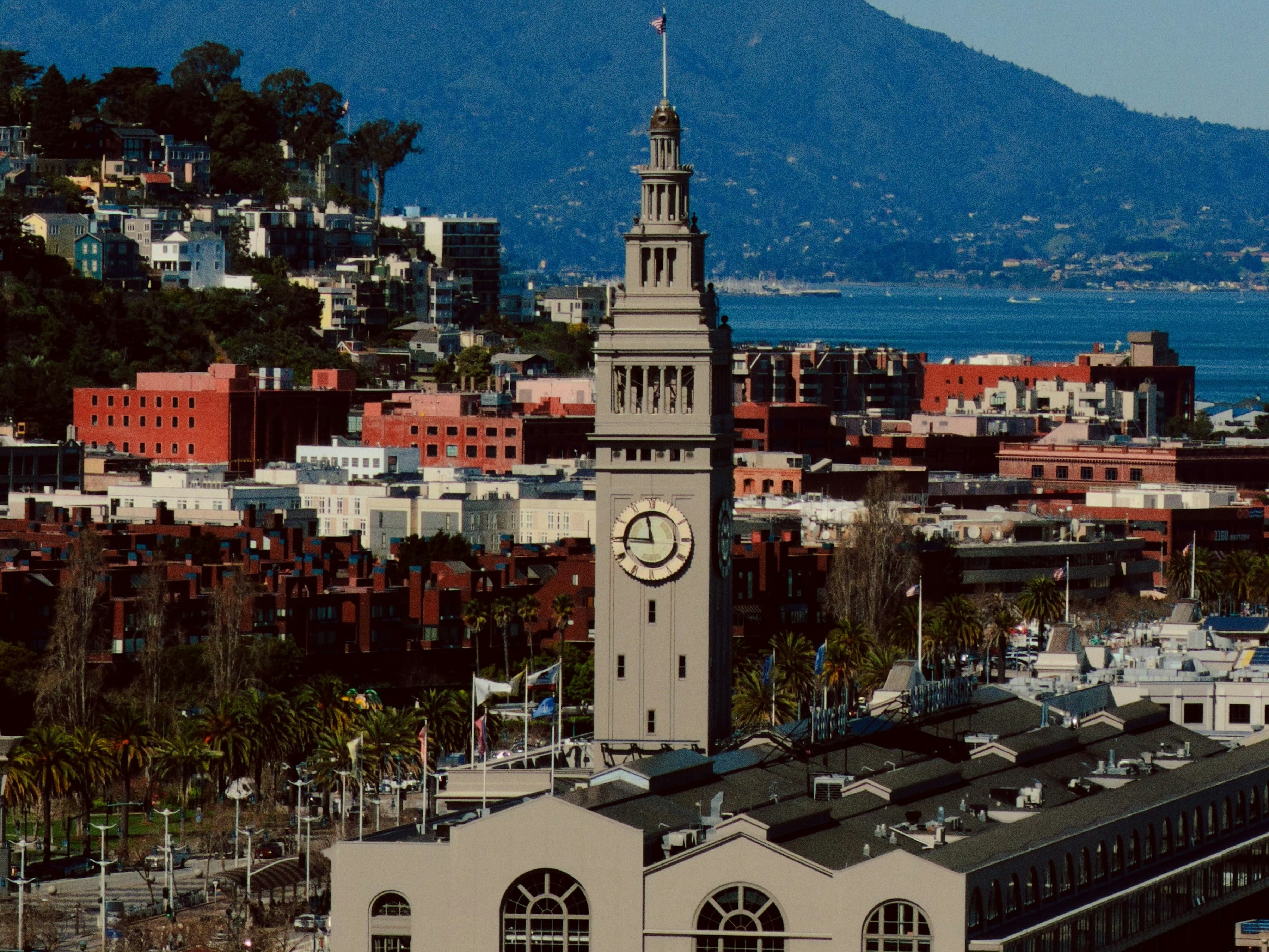 Ferry Building clock tower on the Embarcadero, blue sky