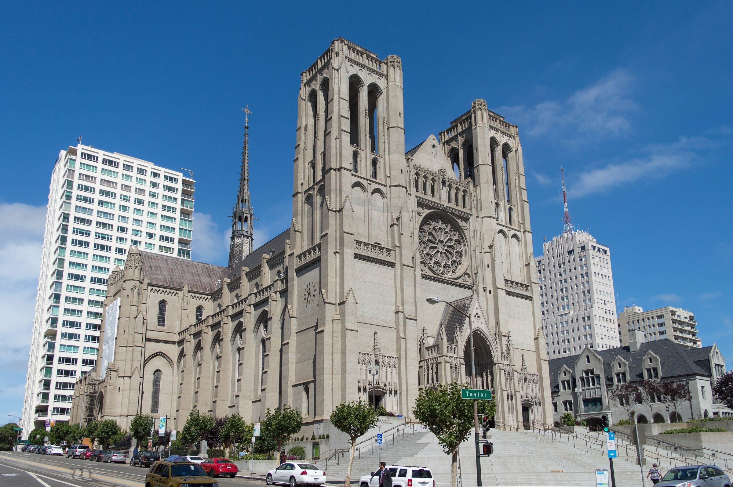 Grace Cathedral on Nob Hill under blue sky